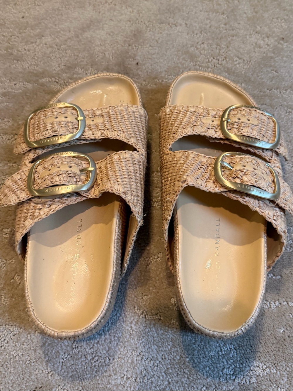 Loeffler Randall Theo Woven Straw Double-Buckle Slide Sandals in Natural